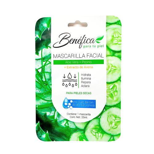 Benéfica Mascarilla Facial Aloe Vera+Pepino con Extracto de Avena y Ácido Hialurónico 25ml.
